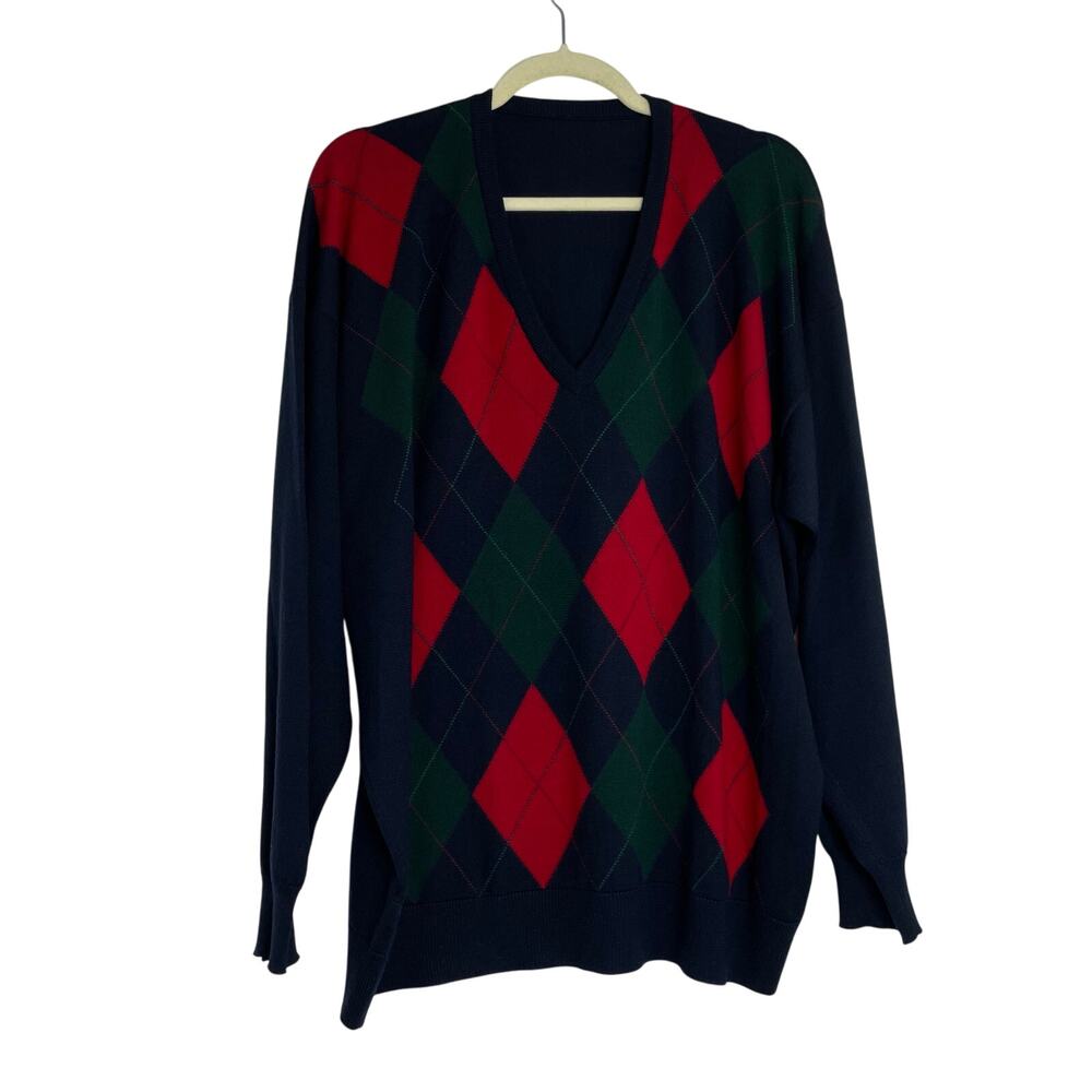 Argyle Print V-neck Men's Sweater Made in Scotland 100% Lambswool size XL Preppy